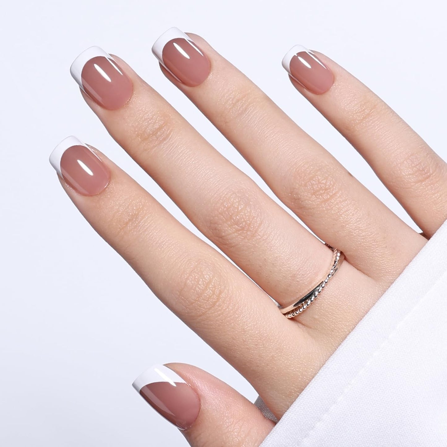 White French Tip Press On Nails - Brown Short Square Fake Nails, Square Press On Nails Reusable Stick On Nails in 15 Sizes, 30pcs False Nail Kit for Women & Girls (Cocoa French)