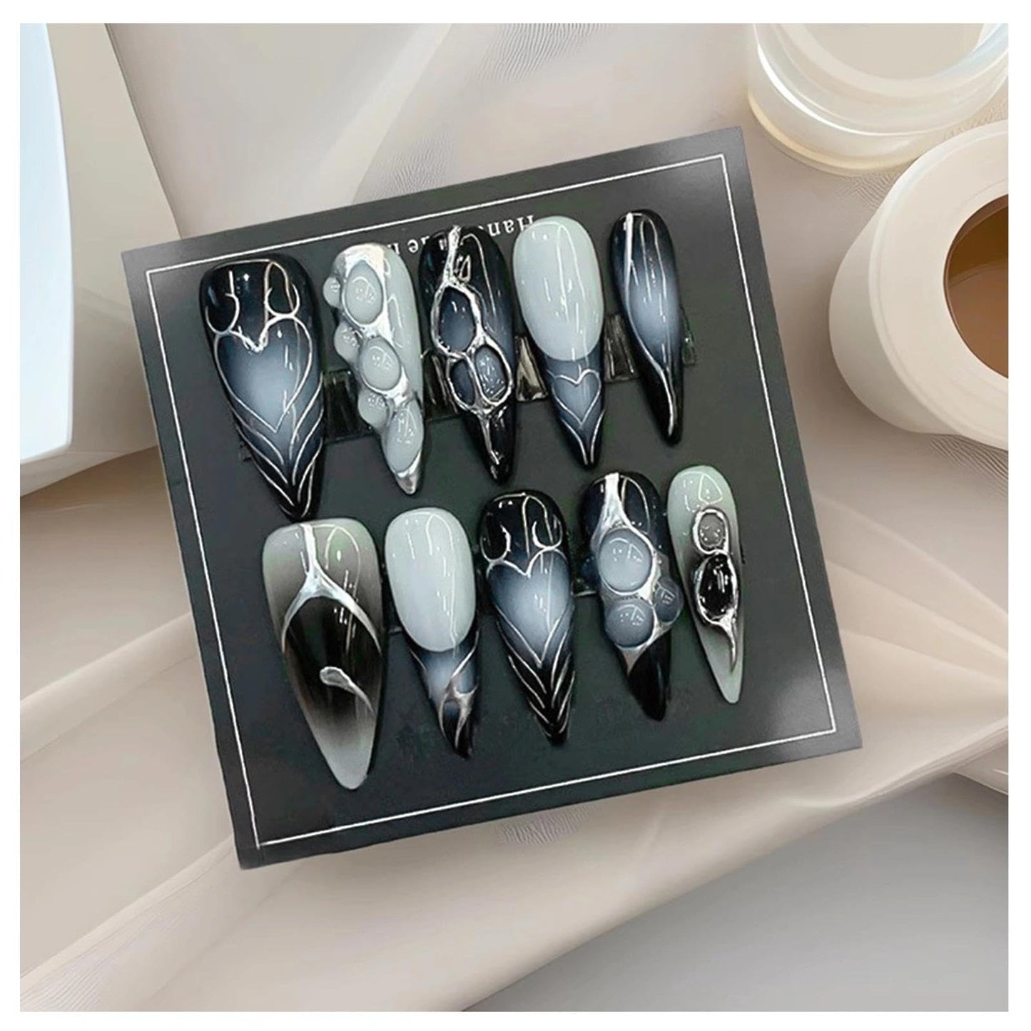Handmade 3D Blue-Gray Metallic Stream Stiletto Press On Nails, Future Dark Tech Style Artisan Nails Set, Reusable Glossy Press-ons with Tool Kit(M)