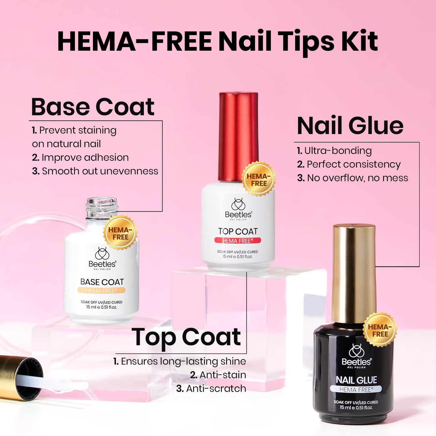 Beetles Gel Nail Kit Etch-X, Square Short, 288pcs 12 Sizes Nail Tips, 3Pcs 15ml HEMA-Free Nail Glue Top Coat & Base Gel Set, with Mini Lamp, Press On Nail, Long Lasting Extension DIY Set at Home