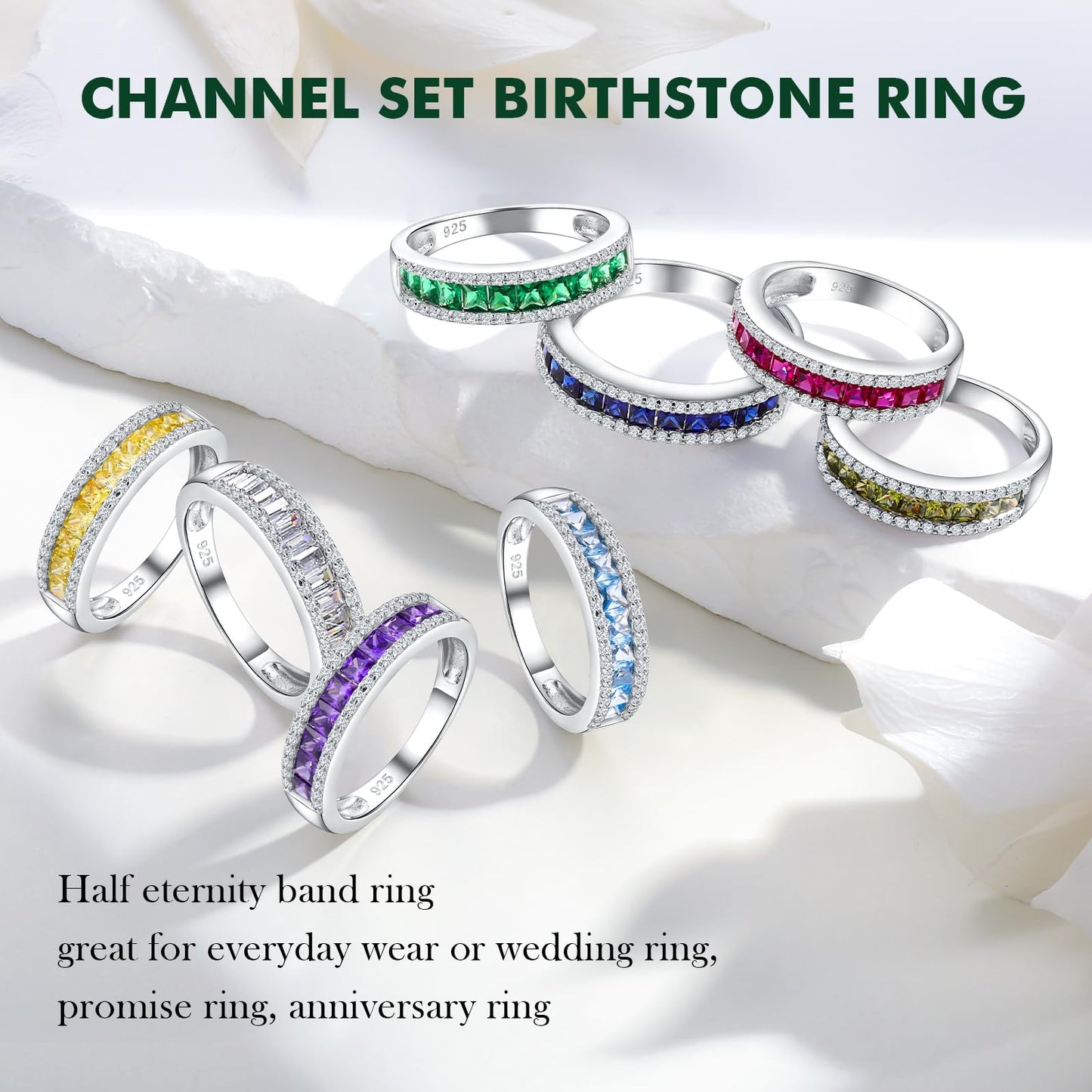 RANDES Peridot Rings for Women Eternity Band 925 Sterling Silver Channel Set Princess Cut Wedding Band August Birthstone Ring Size 6