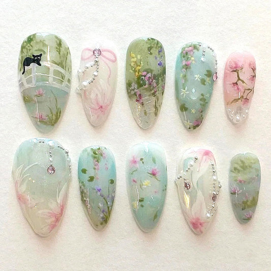 30Pcs Green Flower Press on Nails Medium Almond Fake Nails with Pearl Rhinestones Designs Cute Cat False Nails Bow Stick on Nail Flowers Pastoral Acrylic Nails Glue on Nail for Women Daily Wear