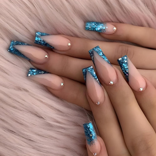 Press On Ballet Shaped Artificial Acrylic Nails - Shine Rhinestones & Blue Sequins Design - Nude French Fake Coffin Nails - Full Cover Reusable Glue On Nails for Women - 24Pcs