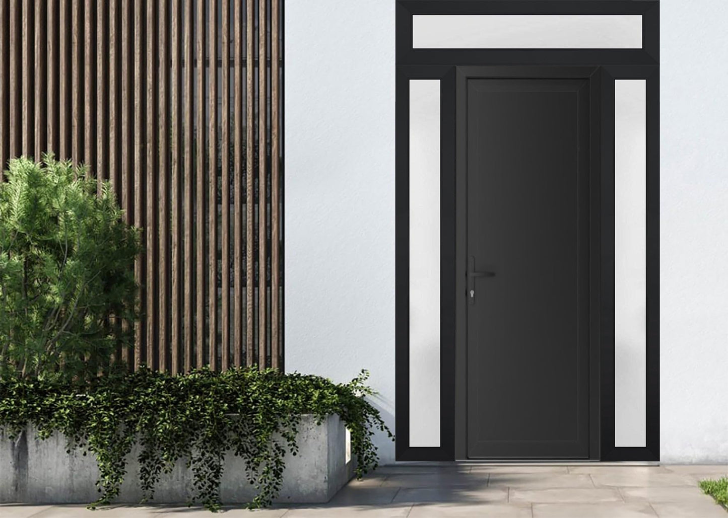 VDOMDOORS Front Exterior Prehung Metal-Plastic Door Frosted Glass | Manux 8111 Matte Black | 2 Side, Top Sidelite Transom | Doors Entrance Patio Garage 64 x 94 (W14+36+14 x H80+14) Right-Inswing
