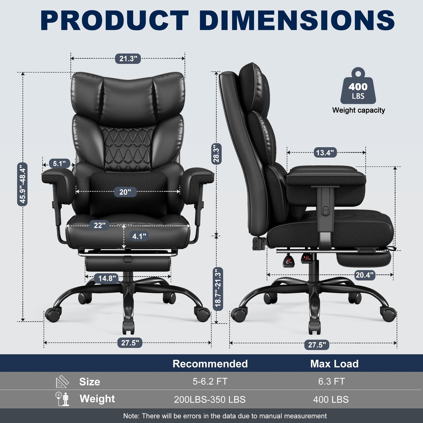 Misolant Big and Tall Office Chair with Footrest, High Back Executive Desk Chair with Adjustable Lift Armrest, 155°Recline，Lumbar Support Pillow, Faux Leather Gaming Chairs for Home or Office Black