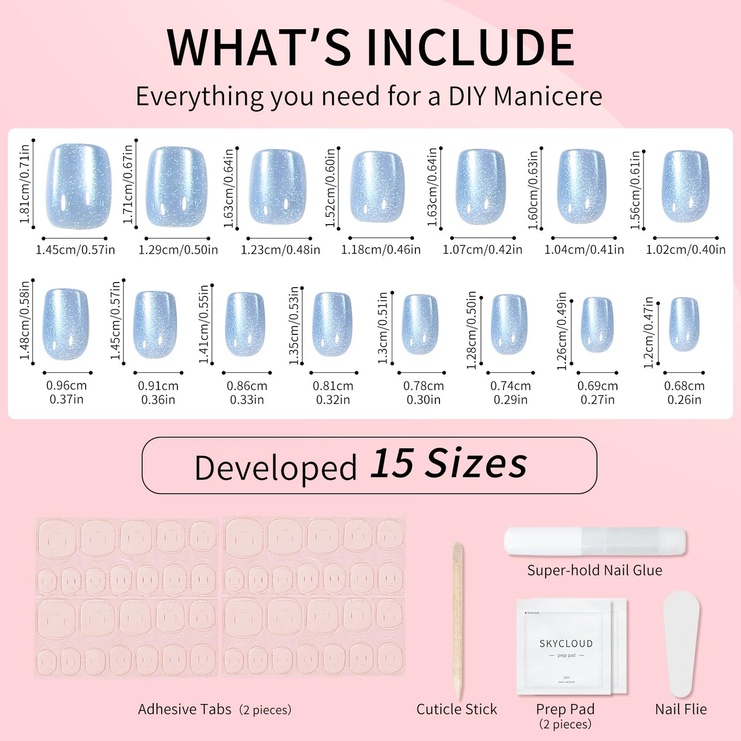 Blue Cat Eyes Press On Nails,12 Sizes - 24 Pcs Soft Gel Blue Short Squoval Fake Nails Kit with Nail Glue, Natural Reusable Stick On False Nails for Women and Girls SK1065