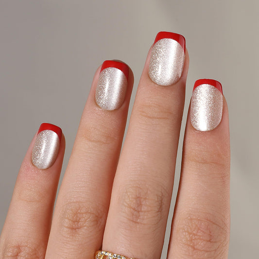 WAFOLOZE French Tip Press On Nails - Golden Cat's Eye Fake Nails with Red French Designs, Glue On Nails Short, Artificial Nails 16 Sizes - 32Pcs Reusable Soft Gel False Nails Tips Kit