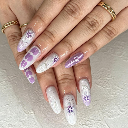 3D Press On Nails Almond Medium Light Purple Fake Nails with Cat's Eye Embossed Flower Summer Designs, Acrylic Artificial Nail Press ons False Stick On Nails for Women Girls 30Pcs