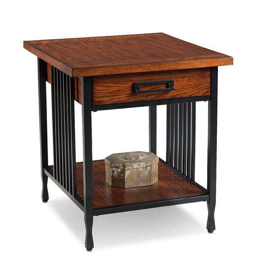 Leick Home Ironcraft End Table, Solid Wood, 1 Storage Drawer, Bottom Display Shelf, Mission Oak, Black Steel Base, Easy Assembly, 22 in W x 24 in H x 24 in D, 11207