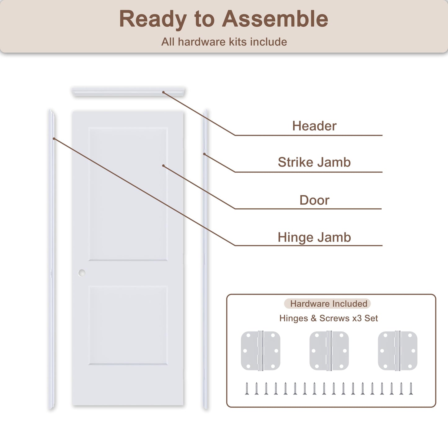 JUBEST 32"x80" Left-Hand Prehung Interior Door with Knock Down Jamb Kit & Satin Nickel Hinges, 2-Panel White Primed Hollow Core Molded Door Slab with Bore & Hinge Cutout, Durable & Sturdy, No Handle