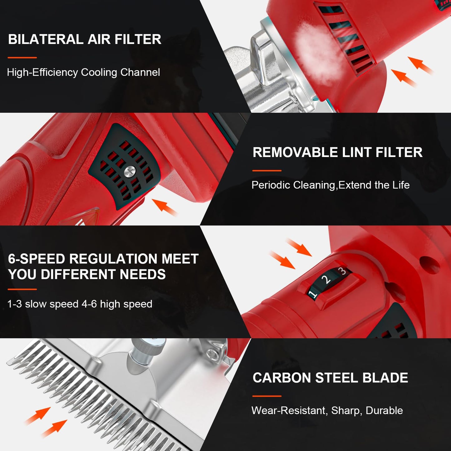 Vkdemer Cordless Horse Clippers,500W Heavy Duty Horse Grooming Clippers with 2 PCS Rechargeable 3000mAH Lithium Battery,6 Speed Professional Horse Grooming Kit for Thick Coat Animals