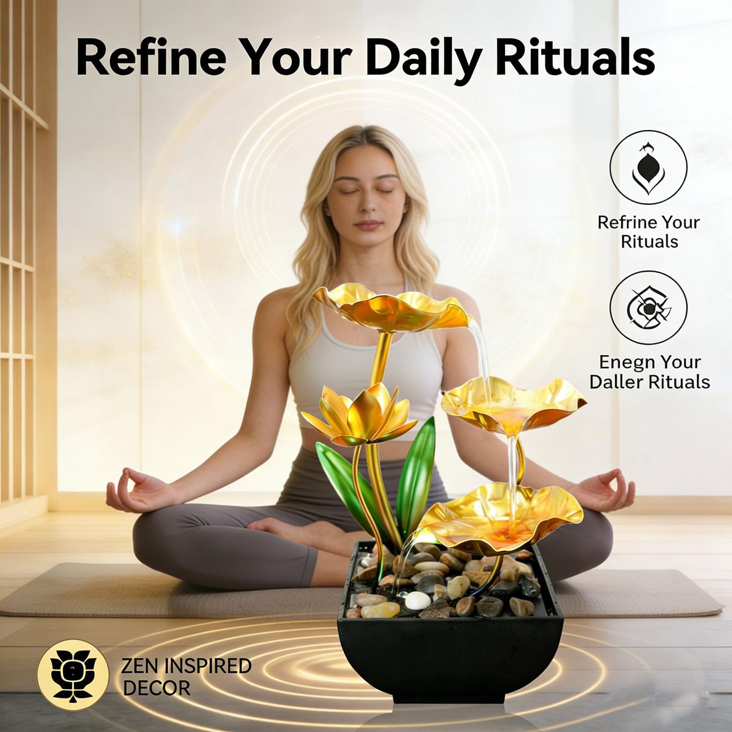 Qingyingge 11‘’ H Gold Tabletop Water Fountain, Zen Desktop Waterfall, Indoor Lotus Desktop Decorative Fountain, Home Bathroom Bedroom Decor.