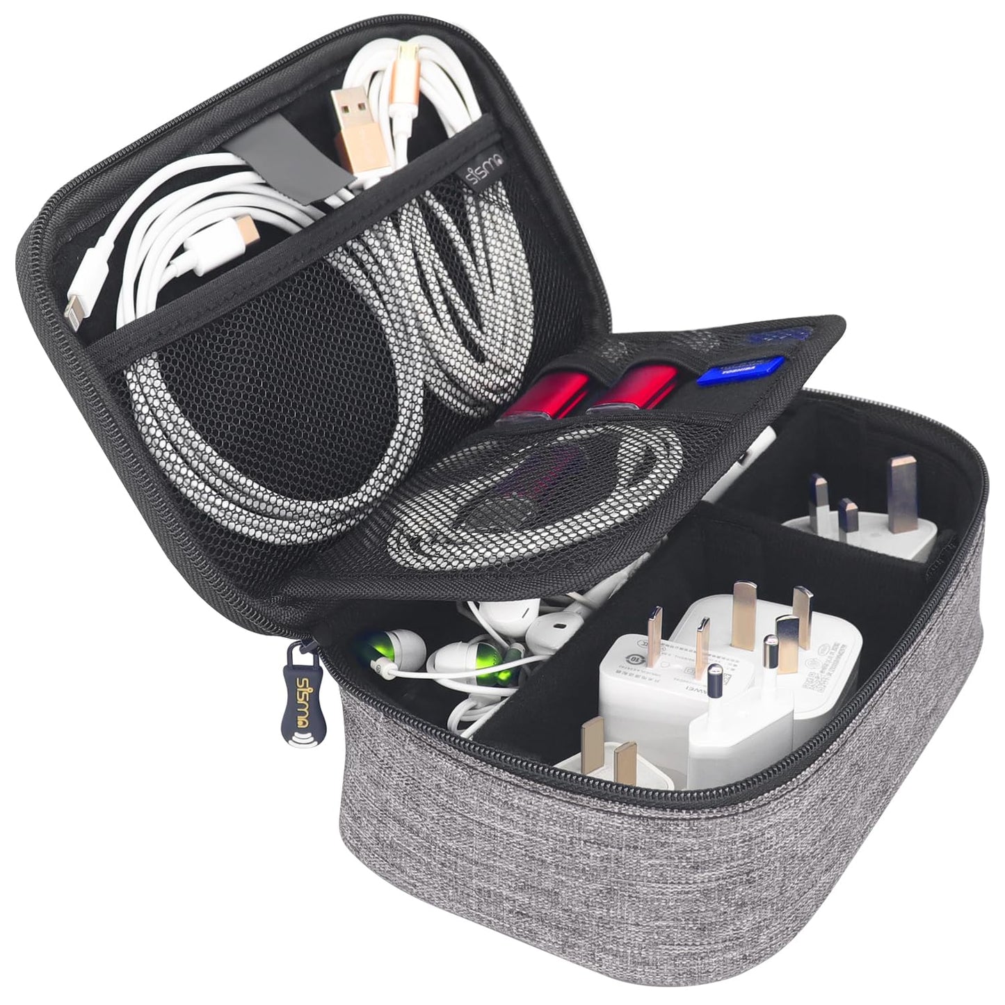 sisma Travel Electronics Organizer Small Carrying Case for Cables Phone Chargers USB Plugs Power Cords Earbuds Adapter Tech Accessories Pouch -Grey