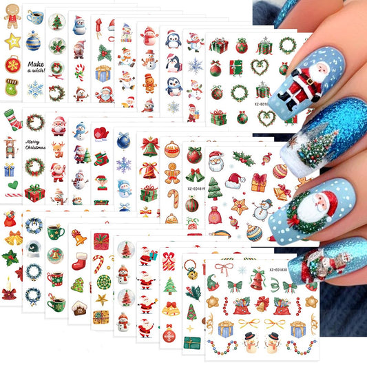 30 Sheets Christmas Nail Stickers Christmas Nail Art Stickers Santa Nail Decals Holly Candy Snowman Self Adhesive Deer Nail Art Supplies for Women Girls DIY Manicure Nail Art Decorations