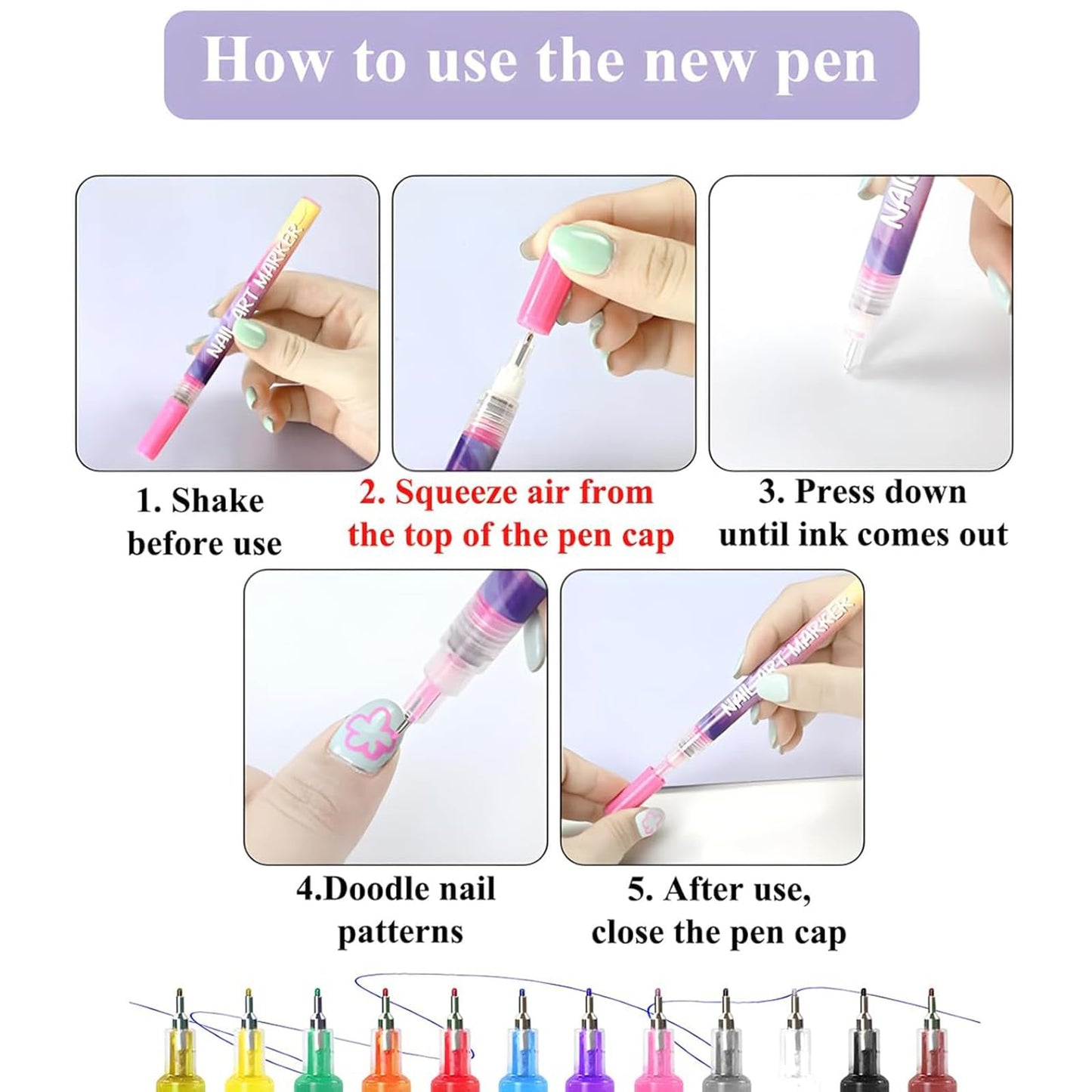 12 Colors Nail Art Pens Set, DIY Nail Art Marker Drawing Painting Liner Pen, Waterproof and Quick-drying Nail Polish Pens for Graffiti Dotting Drawing Painting Point Liner