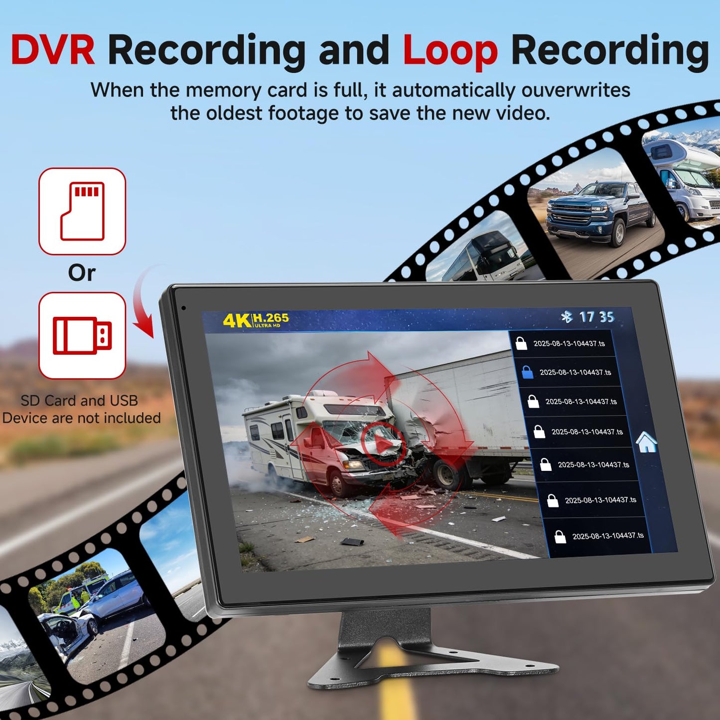 Venluna RV Backup Camera System - 10.1 Inch 4K Touchable 4 CH Monitor, 1080P IP69 Waterproof Wired Camera, DVR Loop Recording Bluetooth for Semi Truck Trailer Camper Pickup Bus