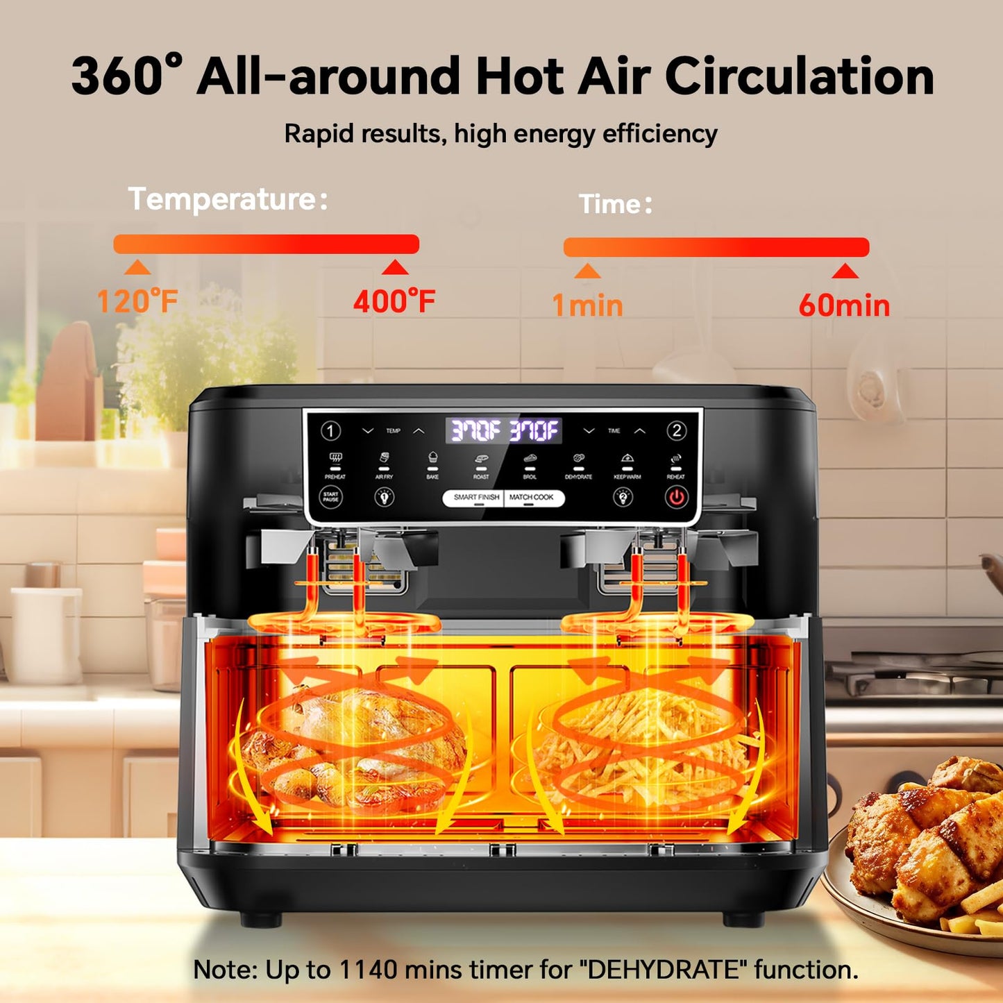 Emphsism 1600W Dual Zone Air Fryer Oven,12.69QT with Divider,Nonstick & Dishwasher-Safe Basket,Match Cook & Smart Finish to Roast,Recipes for Easy Cooking,Digital Touchscreen,Metal Sliver