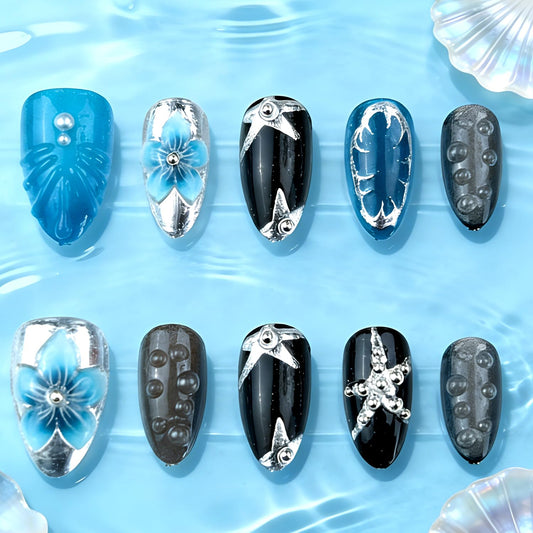 30Pcs Blue Flower Press on Nails Kit Medium Almond Fake Nails 3D Floral Handmade Rhinestone & Silver Star Irregular Design French Full Cover Acrylic Nail Tip Y2K Cute Stick on False Nail for Women