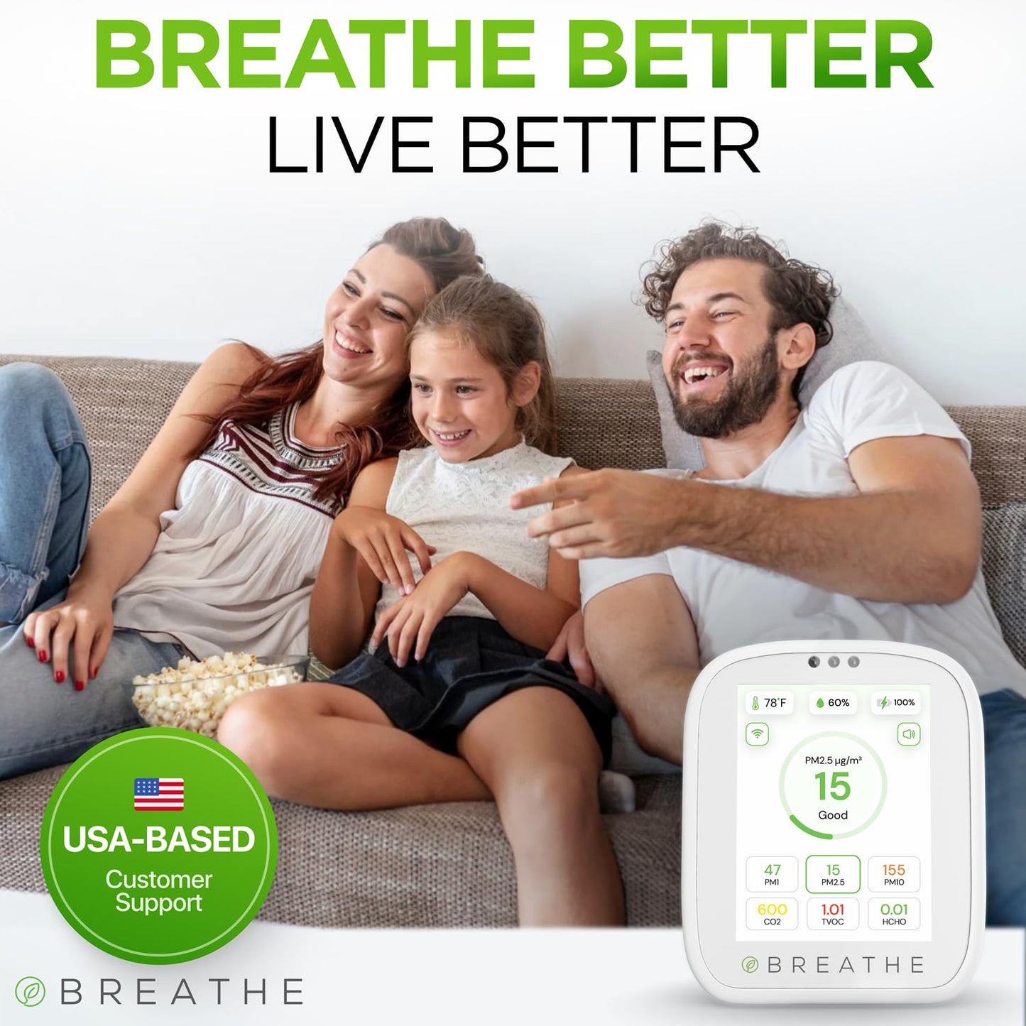 BREATHE Airmonitor Plus: Smart Air Quality Monitor Indoor - 8-in-1 CO2 Meter, Formaldehyde Detector, VOC Meter, PM1/2.5/10, Temperature & Humidity - Air Quality Tester for Home with App