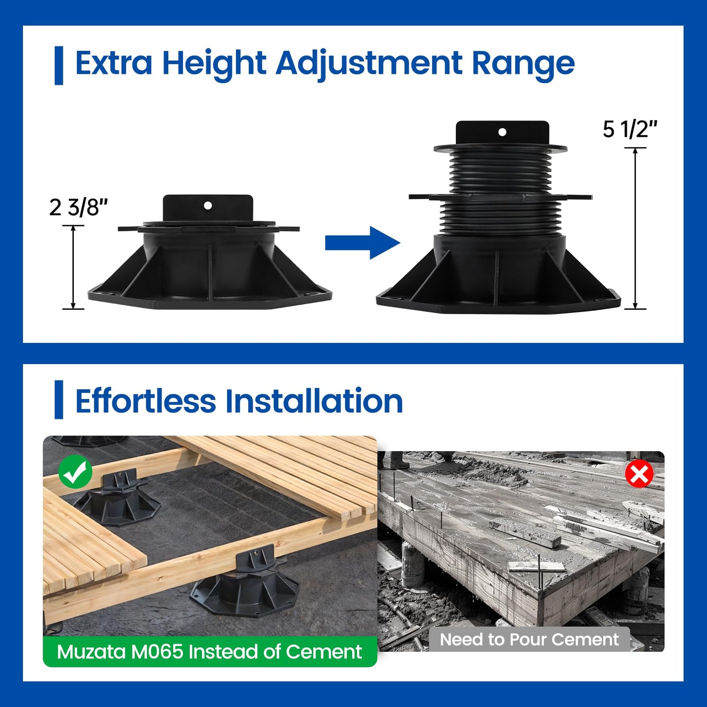 Muzata 10Pack Raising from 2.4" to 5.5" Adjustable Deck Support Pedestal Paver Flooring Joist Unilateral Keel Deck Support Base M065