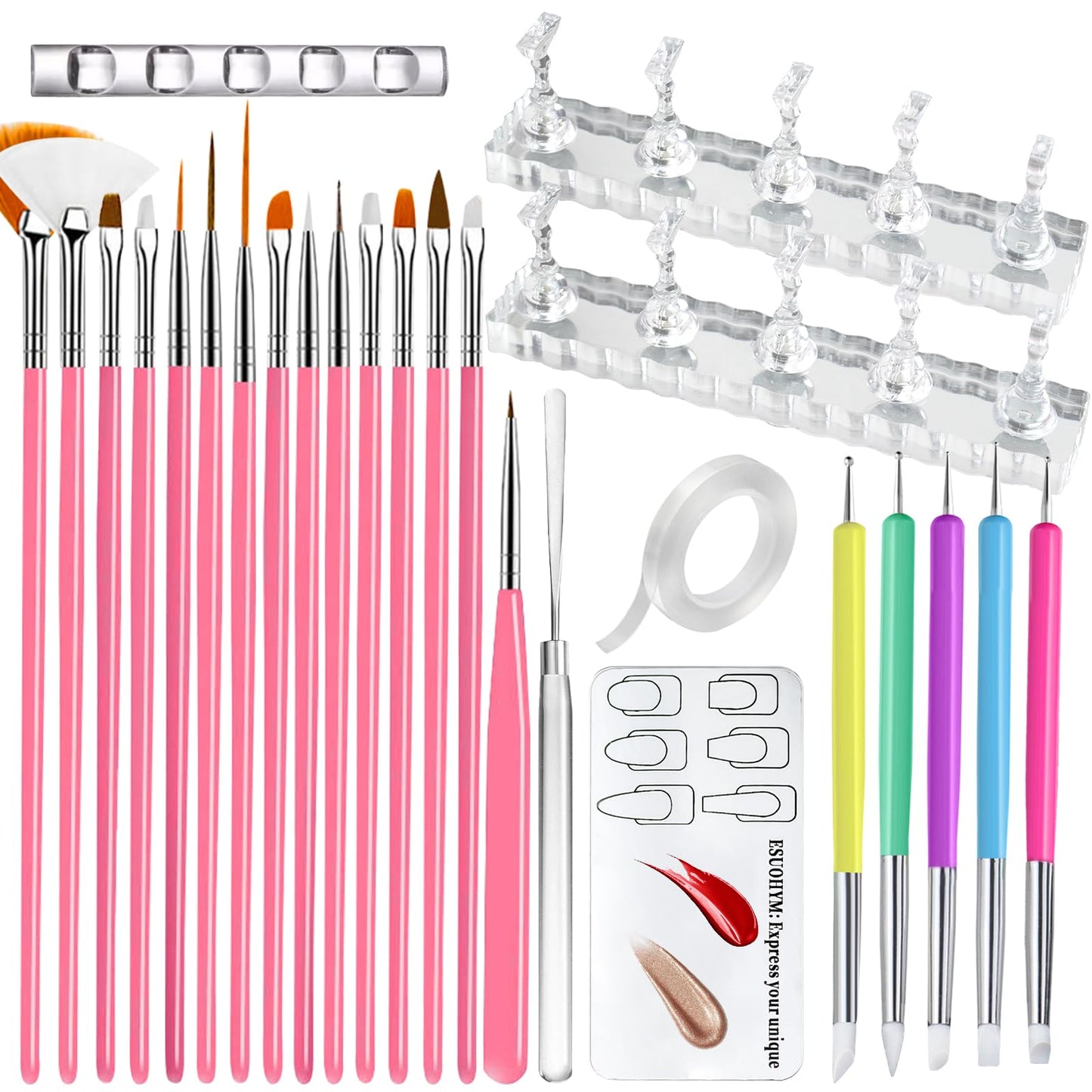 ESUOHYM Nail Stand For Press On With Nail Art Brushes Nail Holder For Painting Practice Display Presson Nails Nail Art tools Set with Nail Dotting 3D Sculpting tools, Practice Kit Tech
