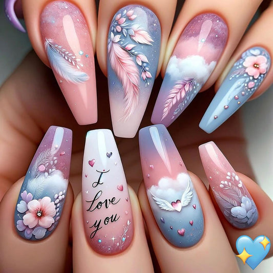 Ballet Shaped Press on Nails Long Length Flower False Nails Pretty Feather and Clouds Design Artificial Nails Blue Gradient Acrylic Nails Glossy Coffin Nails Reusable Stick on Nails for Women 24Pcs