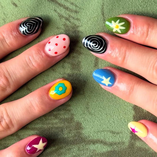 Short Oval Press on Nails Colorful Fake Nails Spring Summer Nails Press ons with Star,Flower,Polka Dot Design,Y2k Reusable Artificial Nails Full Cover Stick on Nails for Women Manicure 24Pcs