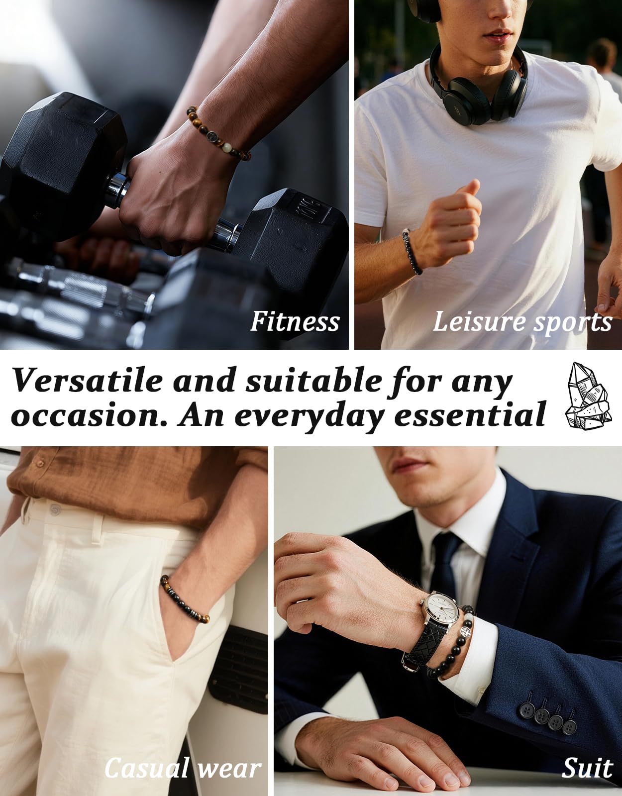Landorilo Gifts for Men, 8mm Cross Natural Stone Beaded Bracelets, Hematite Healing Bracelet, Handmade Mens Jewelry Gift for Him, Husband, Son, Father, Friend(Happy Birthday-7.5in)