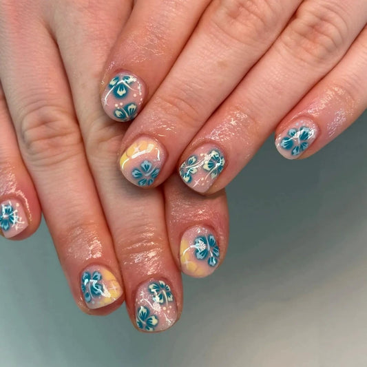 Extra Short Press on Nail Flower Fake Nail with Blue Floral designs Full Cover Glitter Press ones Cute Glue on Nails ReusableSummer False Nails for Women Beach Manicure24pcs