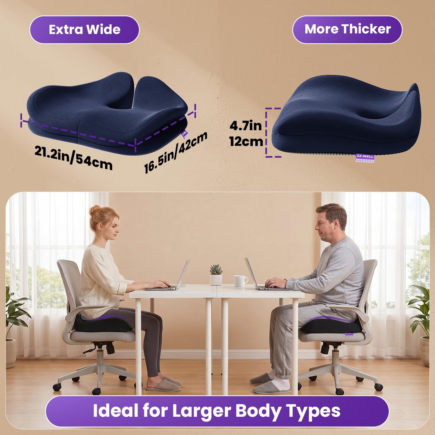 ZZ-WELL Seat Cushions for Office Chairs - Ergonomic Tailbone Pain Pressure Relief Seat Cushion - Extra Large & Thick Design Memory Foam Office Chair Cushion, 21.2" W X 16.5" L (Blue)