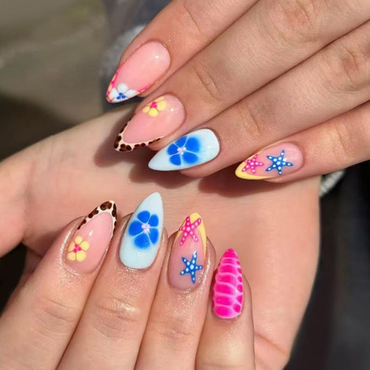 Almond Press on Nails Medium Fake Nails with Blue Flower Design Glossy Starfish False Nail Turtle Shell Leopard Prints Nail Press ons Reusable Spring Summer Acrylic Nail for Women Manicure 24Pcs