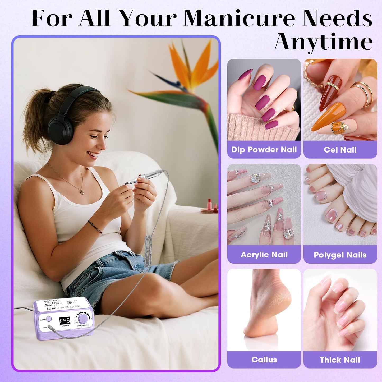 LIERKISS Nail Drill 45000RPM Electric Nail File Drill Nails Machine - Professional Nails Drill with Sanding Bands and Nail Drill Bits for Acrylic, Gel Nail Manicure & Pedicure, Palepurple