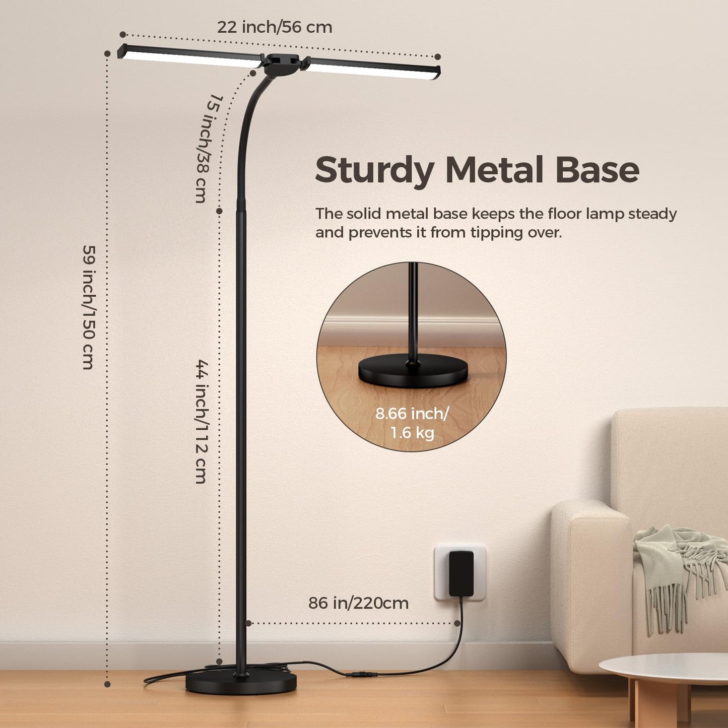 LED Floor Lamp for Living Room, Bright Reading Lamps for Office, Adjustable Colors Temperatures&Brightness, Dual Head Goose-Neck Standing Lamp, Remote and Button Control, Eye Caring Tall Lamp, Black