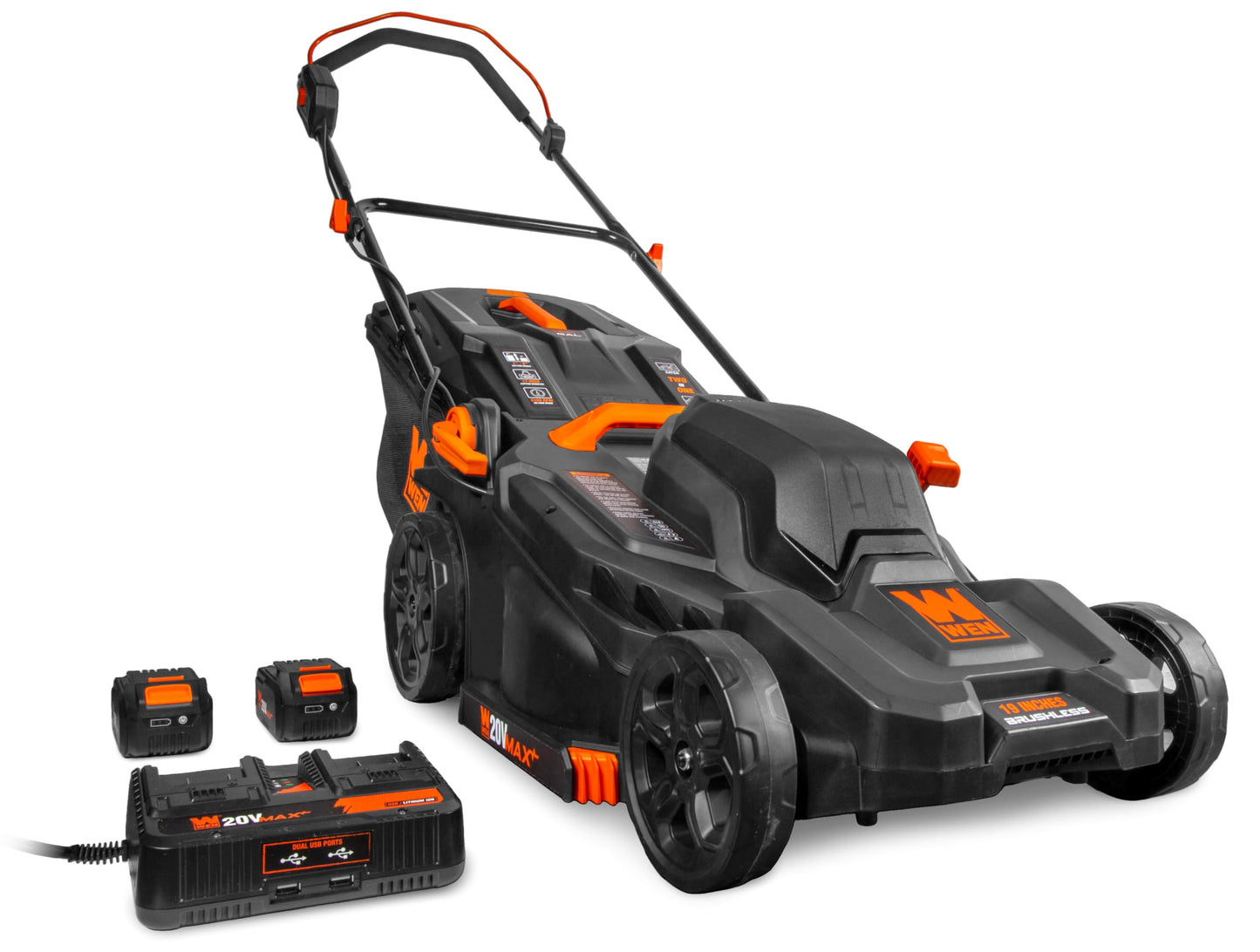 WEN 20V Max 2-in-1 19-Inch Cordless Brushless Lawn Mower and Mulcher with Two 5Ah Batteries and Dual Port Charger (20839)