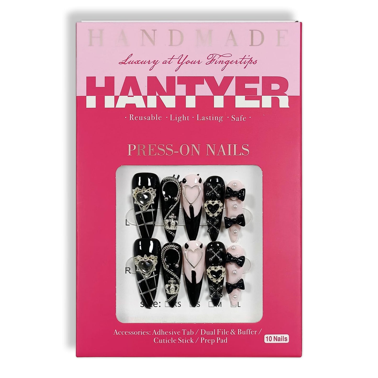 Hantyer Gothic Y2K Press on Nails, Long Stiletto Glossy Black & White Nails, Silver Gothic Charms, Black Rhinestones & 3D Hand-Painted Art, Salon Nails Edgy Style for Nightlife & Concerts (Size S)