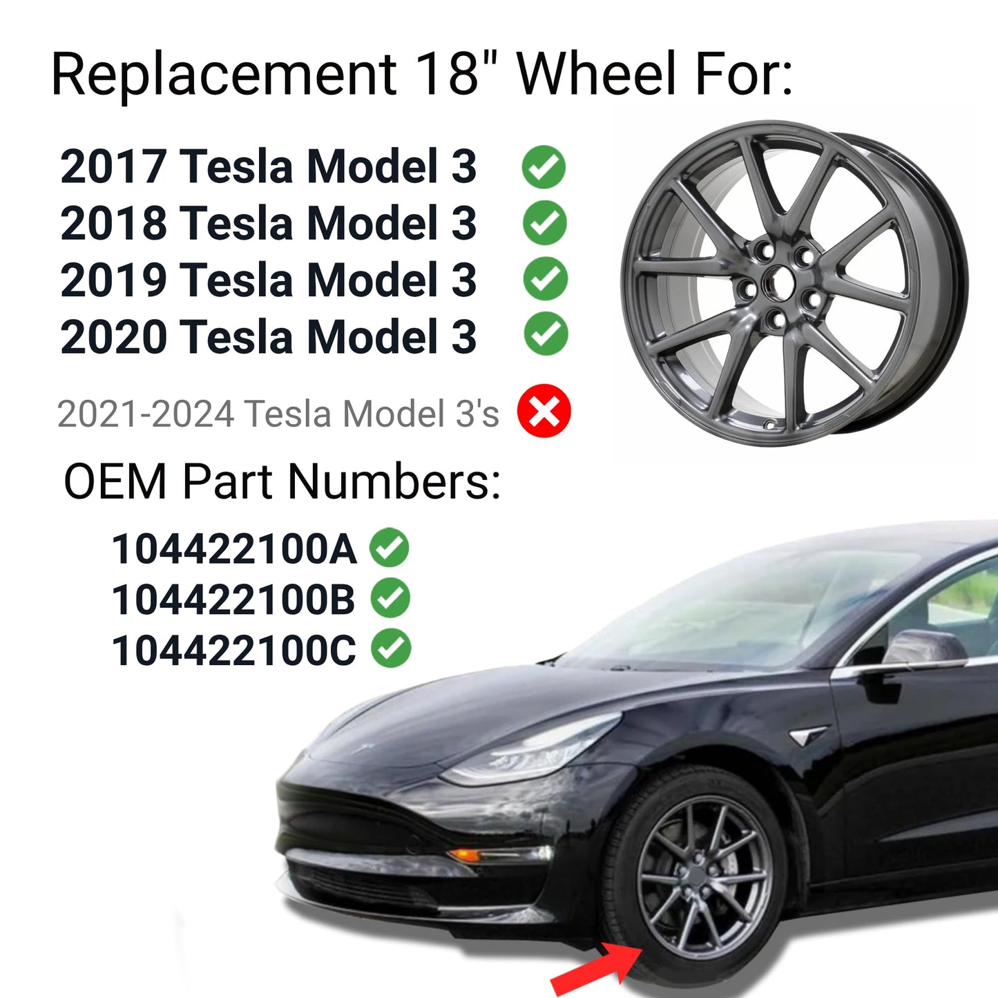 New 18 Inch Rim Wheel For Tesla Model 3 | OEM Style Aluminum Alloy for 2017 2018 2019 2020 Models | 18x8.5" | Direct Fit - OE Factory Rim for 104422100A 104422100B 104422100C Replacement Rims
