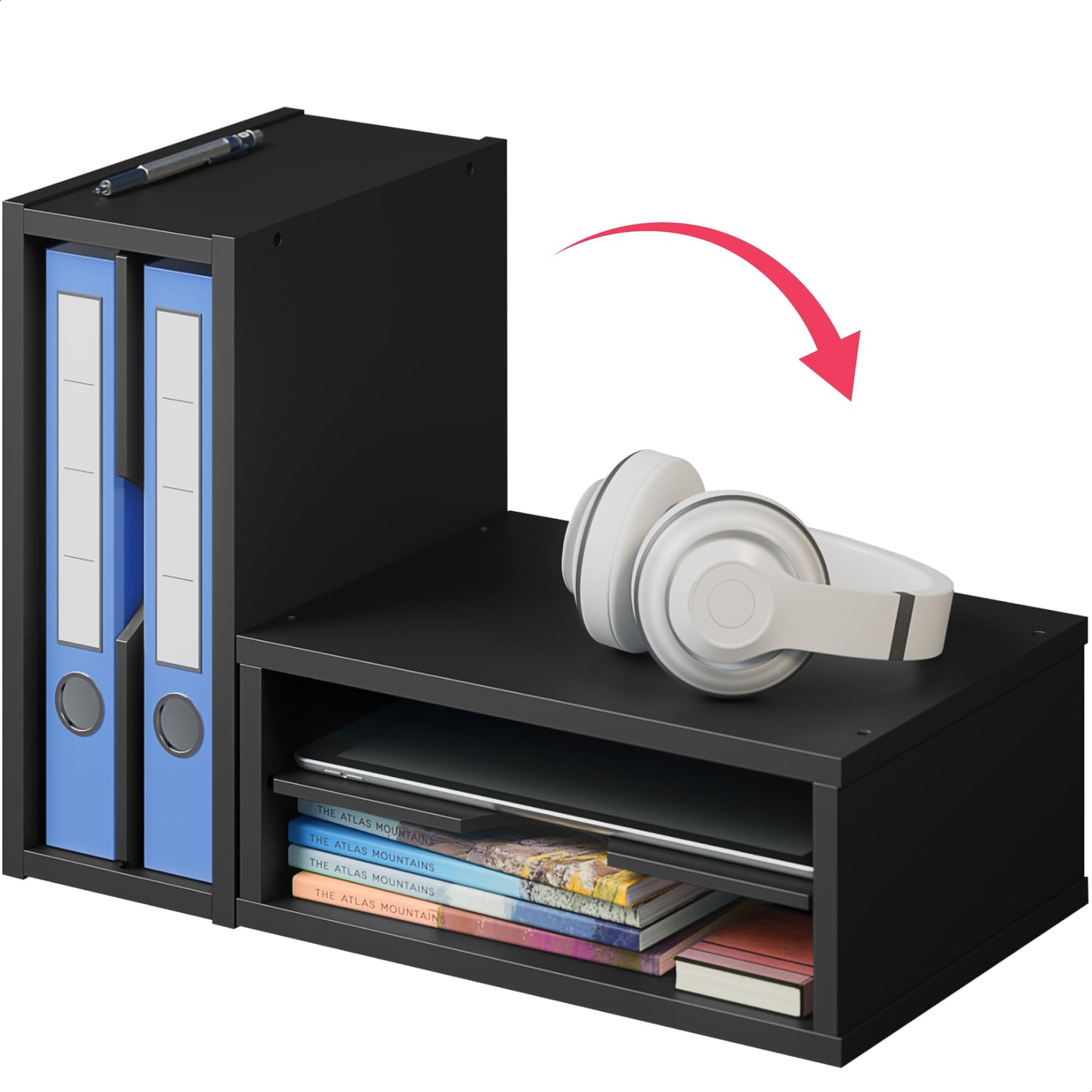 Ballucci File Organizer, 2-Tier Document Paper Sorter, Stackable Wood Desk Organizer Mail Holder, Monitor Stand with Storage Shelves, Black