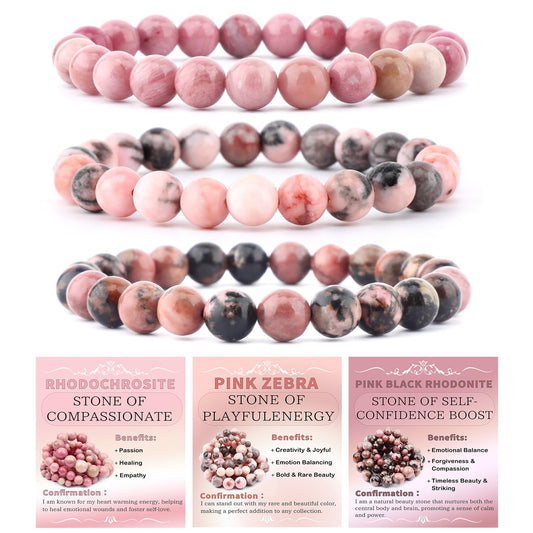 NCB 3-Piece 8mm Natural Crystal Gemstone Stretch Bracelets – ﻿Rhodochrosite, Pink Zebra, Pink Black Rhodonite Handmade Reiki Energy Healing Jewelry for Meditation,Yoga, Unisex