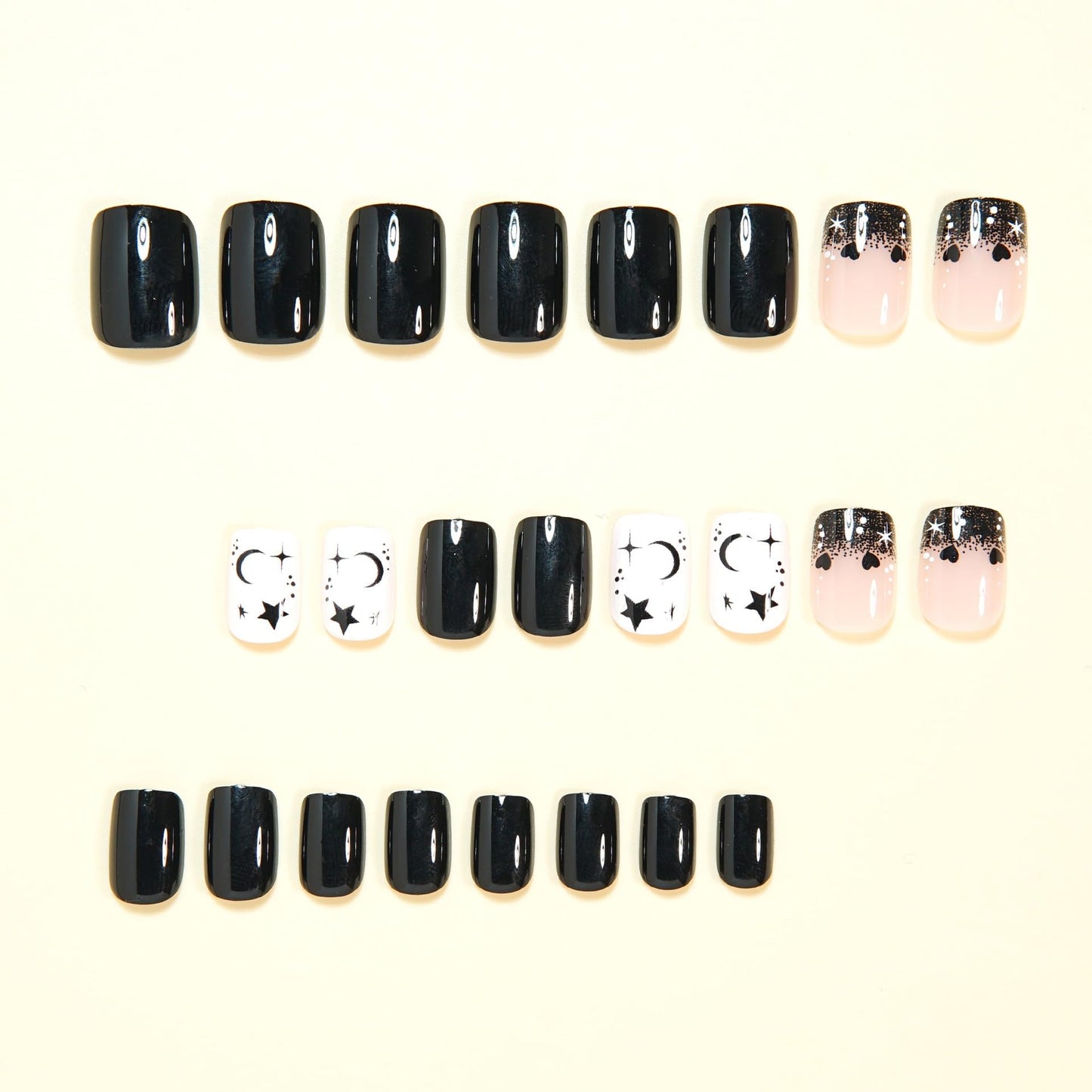 CTTHNBD Black Press on Nails Short - Square Fake Nails with Moon Star Design - Glossy Full Cover Stick on False Nails - for Women 24 Pcs