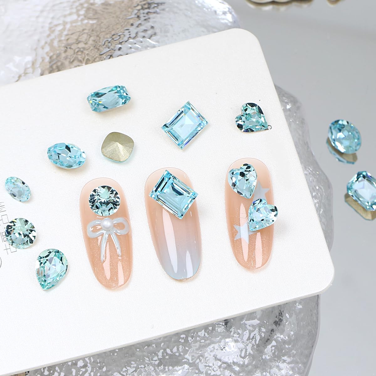 DONGZHOU 72pcs Mix Shape Nail Art Rhinestone,7 Styles Glass Nail Rhinestones Pointback Nail Gems Shiny 3D Nail Charms for Nail DIY Decorations Crafts,Aquamarine