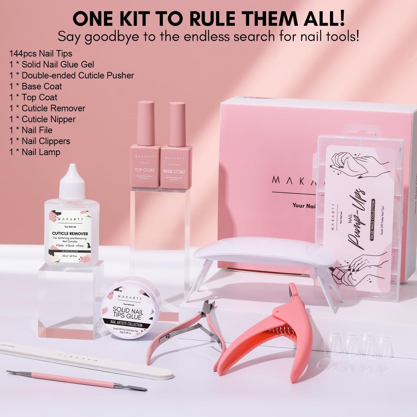 Makartt Nail Glue and Tips Kit: 15ML Solid Gel with Almond & Coffin Pre-Buffed Fake Nails, Portable UV Lamp, Base and Top Coat, Nipper, Cuticle Remover and File for DIY Art Manicure