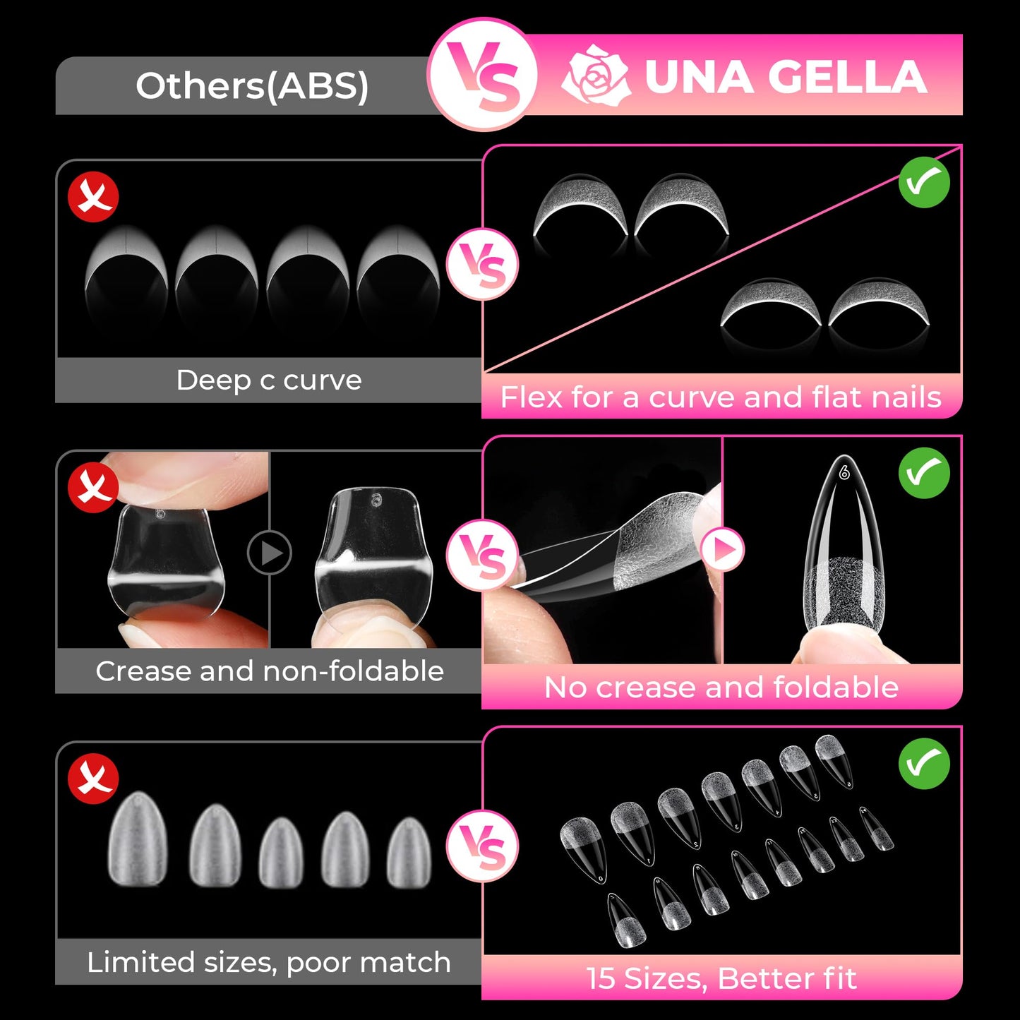UNA GELLA Stiletto Gel Nail Tips:510Pcs Full Cover Nail Tips Medium Stiletto Almond Pre-etched Fake Clear Acrylic False Nails Sturdy Stiletto Press on Nails for Nail Extensions Home DIY Salon 15 Sizes