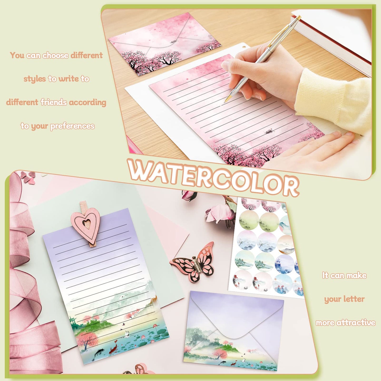 TaoBary 160 Pcs Stationery Paper Set 50 Double Sided Stationery Papers with 50 Matching Envelopes and 60 Round Dot Sticker, 10 Design(Ink Painting,5.5 x 8.25 Inch)