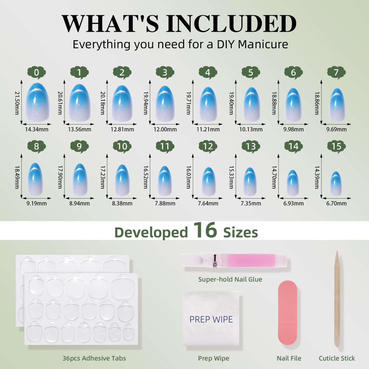 WiniBeauty Blue Cat Eye Press On Nails Almond - Ombre Short Almond Fake Nails, Blue Cateye Press On Nails Reusable Stick On Nails in 16 Sizes, 32pcs False Nail Kit for Women & Girls (Fading Tides)