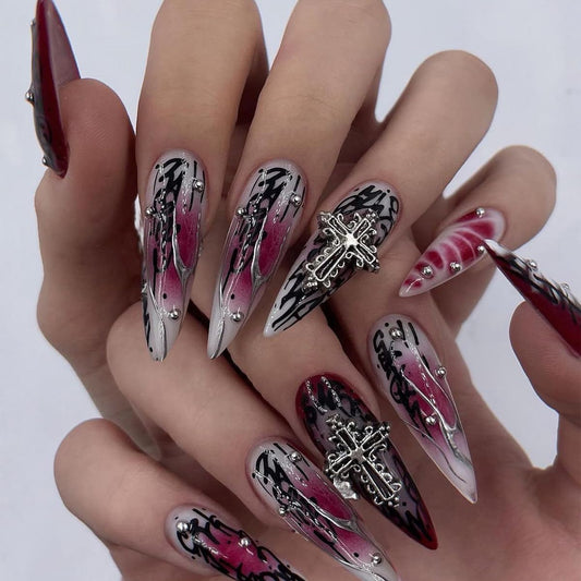 IMSOHOT Stiletto Press on Nails Long Gothic Fake Nails Black Red Ombre Glossy False Nails with Metal Cross Charms Designs Full Cover Glue on Nails 24PCS