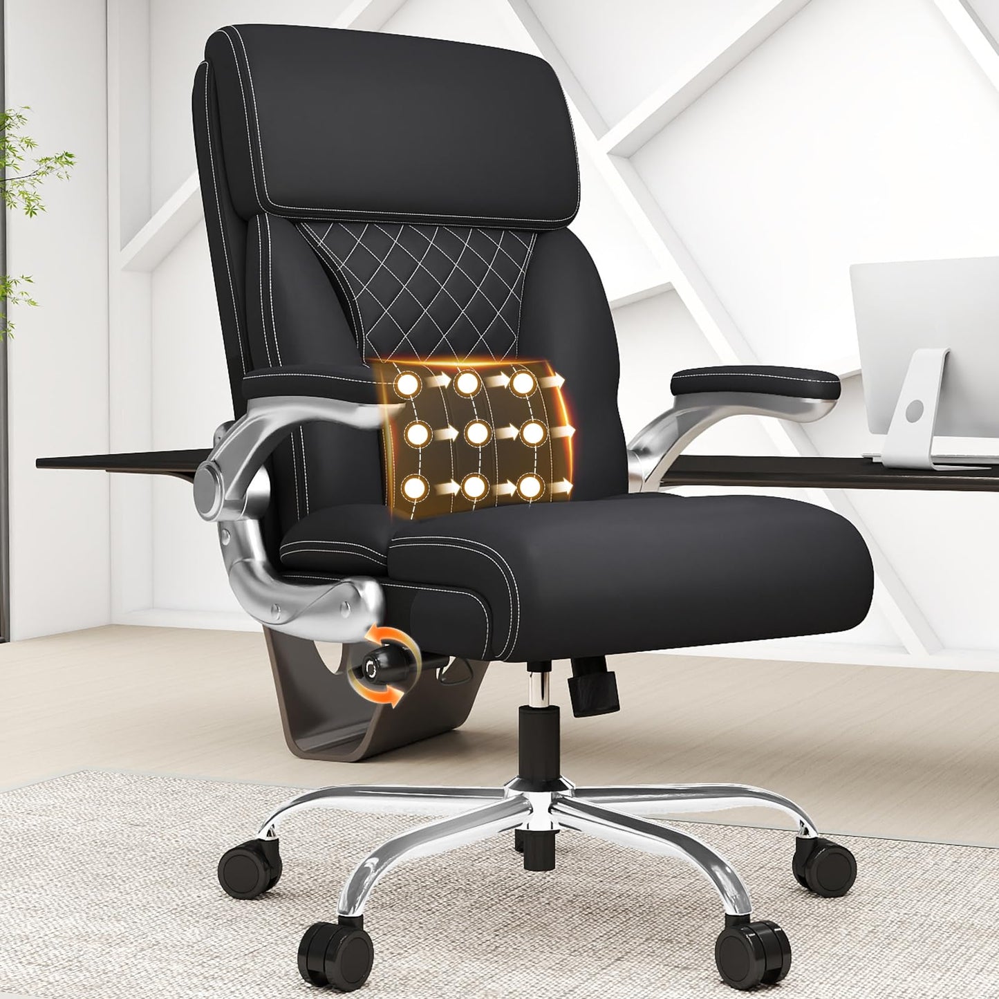 Big and Tall Ergonomic Leather Office Chair with Adjustable Lumbar Support, Flip-Up Armrests Desk Computer Chair, Swivel PC Chair with Rocking Function