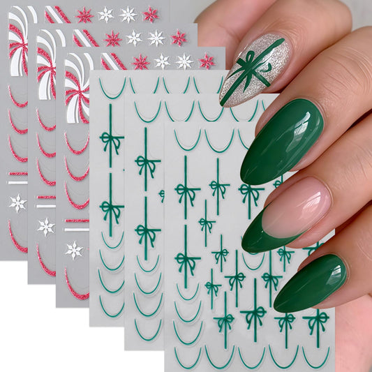 6 Pcs Christmas Nail Art Stickers Decals Pink White Glitter Snowflake Nail Decals with Green Gift Box Bow Green French Line Nail Design Pink Candy Stripe Nail Supplies for DIY Manicure Winter Xmas DIY