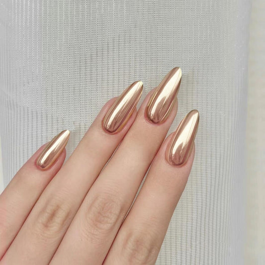 FJSMTOPl Gold Press on Nails Almond Fake Nails Metallic False Nails Press ons Christmas Acrylic Glue on Nails Medium Artificial Stick on Nail for Women Manicure 24Pcs