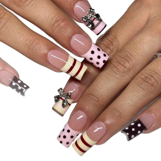 Long Press on Nails Square Fake Nails Pink Artificial Nail Brown Polka Dot Stripe Bow Charm Glossy Stick on Nail Sweet Retro Salon Look for Women 24pcs