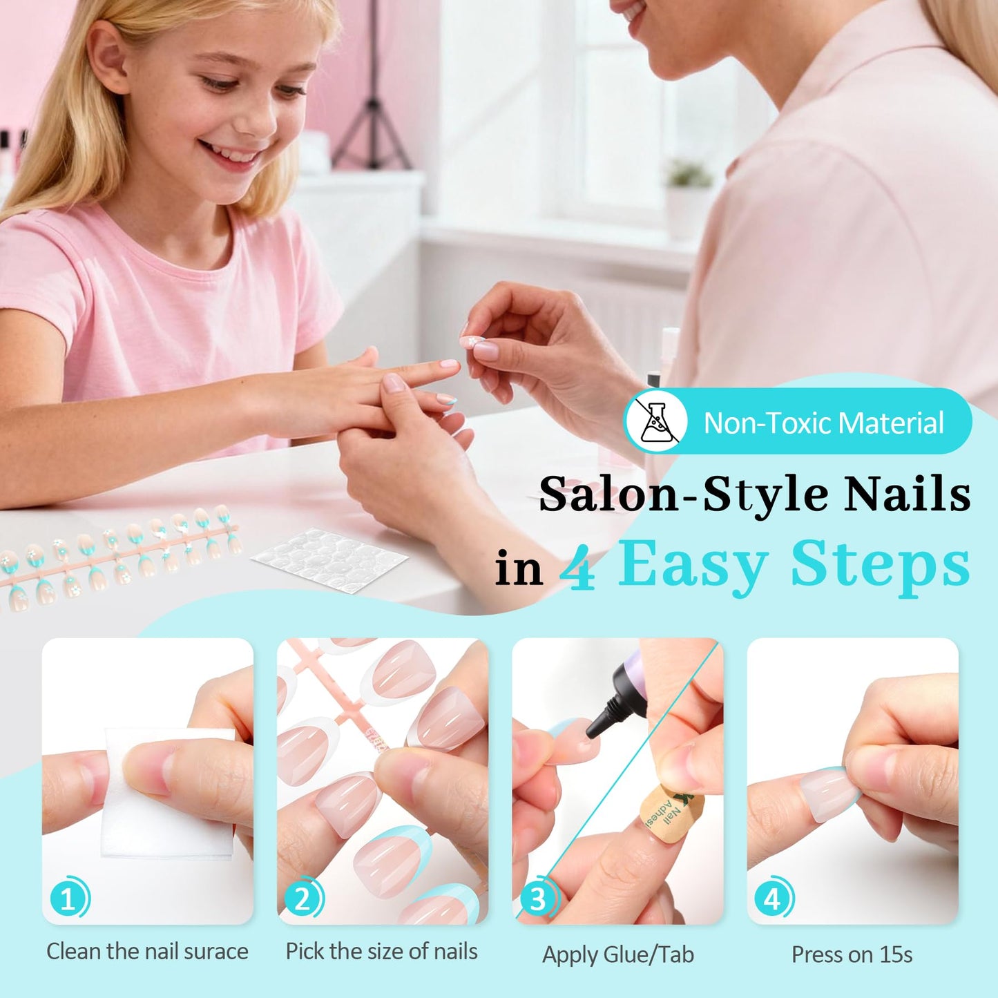 Qiek 16 Sizes Press on Nails Kit for Kids - 32 Pieces French Almond Fake Nail Tips for Girls 8-12 Years Old with Jelly Nail Adhesives & No-Lamp Nail Glue, Birthday Gifts(Blue French Flower)
