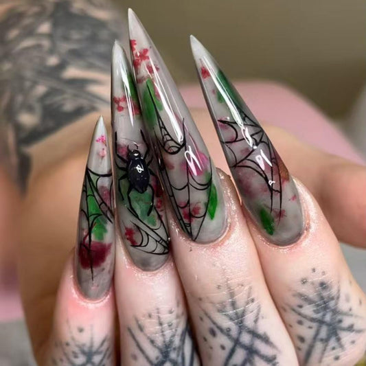 IMRAIN Press on Nails Long Stiletto Fake Nails with Spider Web Designs, Cat's Eye Glossy Glue on, Artificial, Acrylic, Full Cover False Nails for Women Manicure 24Pcs